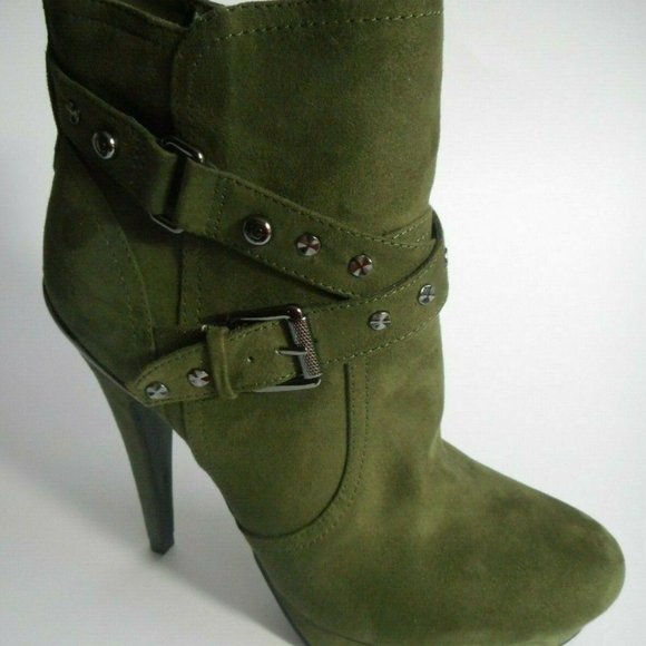 New GUESS Dark Green Velour Fabric Stiletto Ankle Boots - Picture 1 of 3